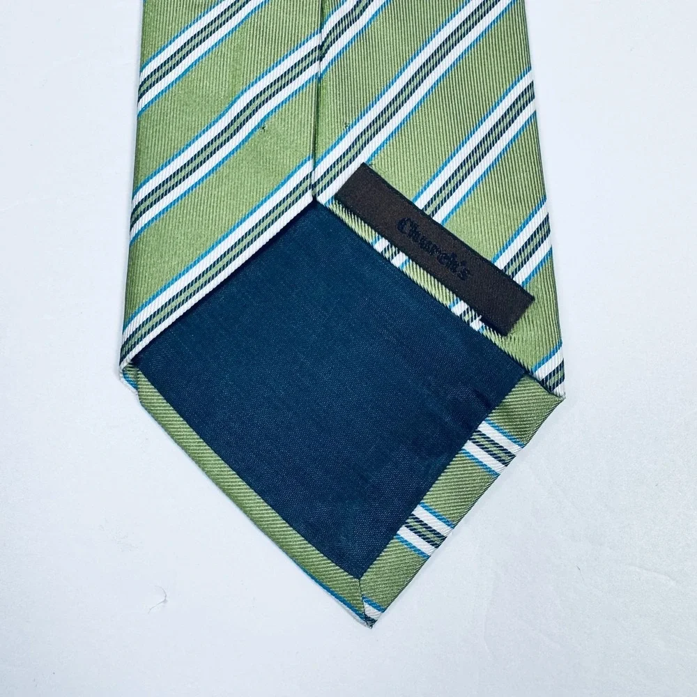 Churchs‎ Tie Green Blue White Diagonal Striped Classic Necktie Preppy Wedding